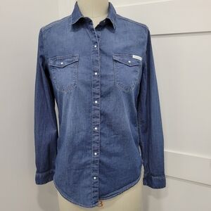 Calvin Klein Jeans Women's Long Sleeve Denim Pearl Snap Button Down Shirt Sz XS